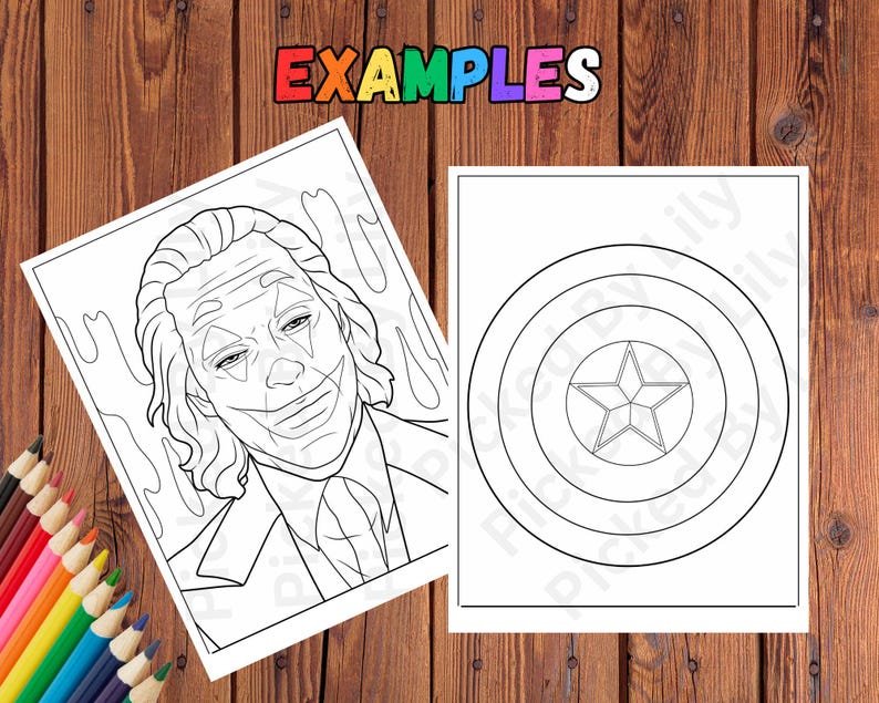 May include: Two black and white coloring pages on a wooden surface. One page features a detailed illustration of the Joker's face, and the other depicts Captain America's shield with a star in the center. The word "EXAMPLES" is at the top.