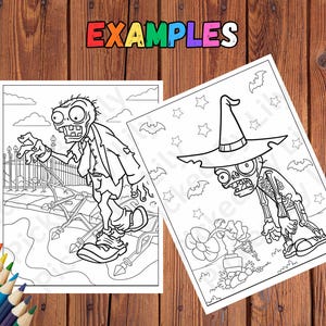 K&ouml;nnte beinhalten: Zwei Schwarz-Wei&szlig;-Malvorlagen mit Zombie-Charakteren. Ein Zombie geht in der N&auml;he eines Zauns, und der andere tr&auml;gt einen Hexenhut. Das Wort "EXAMPLES" steht in bunten Buchstaben oben.
