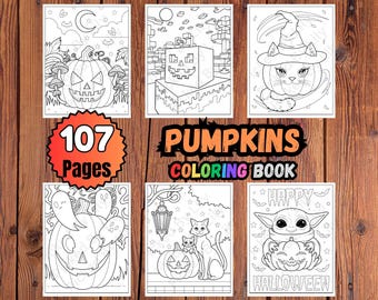 May include: A coloring book with the title "PUMPKINS COLORING BOOK" and the text "107 Pages". The book features several black and white illustrations of pumpkins, cats, and other Halloween-themed images.
