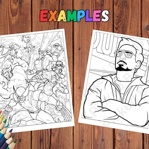 May include: Two black and white coloring pages featuring comic book characters. One page shows a group of superheroes in action, and the other features a portrait of a man wearing glasses. The word "EXAMPLES" is at the top.