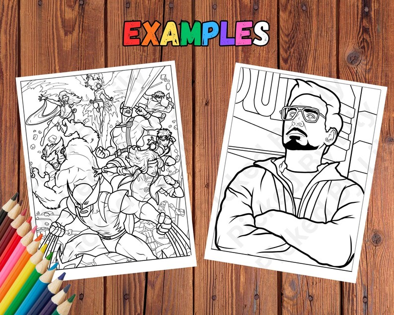 May include: Two black and white coloring pages featuring comic book characters. One page shows a group of superheroes in action, and the other features a portrait of a man wearing glasses. The word "EXAMPLES" is at the top.