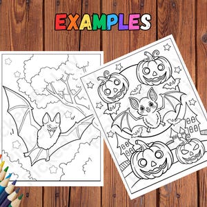K&ouml;nnte beinhalten: Zwei Halloween-Malvorlagen. Eine zeigt eine Fledermaus, die vor einem Baum fliegt. Die andere zeigt eine Fledermaus, K&uuml;rbisse und Sterne. Das Wort "EXAMPLES" steht in bunten Buchstaben oben. Ein Satz Buntstifte befindet sich in der unteren linken Ecke.