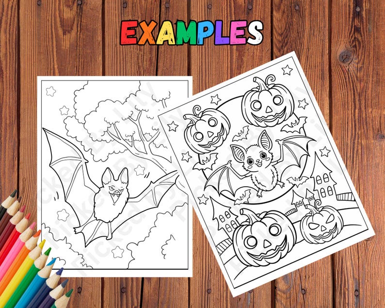K&ouml;nnte beinhalten: Zwei Halloween-Malvorlagen. Eine zeigt eine Fledermaus, die vor einem Baum fliegt. Die andere zeigt eine Fledermaus, K&uuml;rbisse und Sterne. Das Wort "EXAMPLES" steht in bunten Buchstaben oben. Ein Satz Buntstifte befindet sich in der unteren linken Ecke.