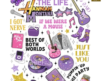 Hannah Montana Collage PNG, Retro The Life Hannah Montana, Disney Miley Icone anni 2000 Chitarra CD Sublimazione, Pop Star nostalgica