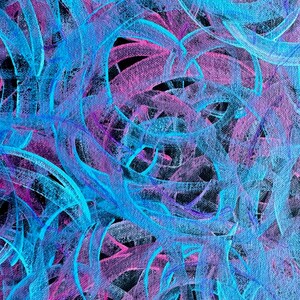 May include: Abstract painting with swirling lines in shades of blue and pink on a black background.