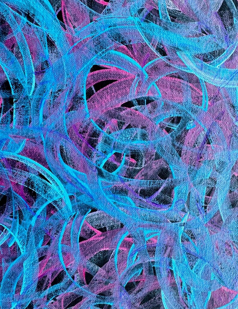 May include: Abstract painting with swirling lines in shades of blue and pink on a black background.