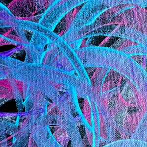 May include: Abstract painting with swirling lines in shades of blue, pink, and purple on a black background.