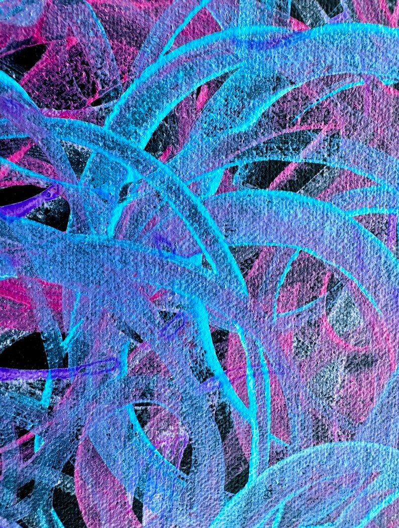 May include: Abstract painting with swirling lines in shades of blue, pink, and purple on a black background.