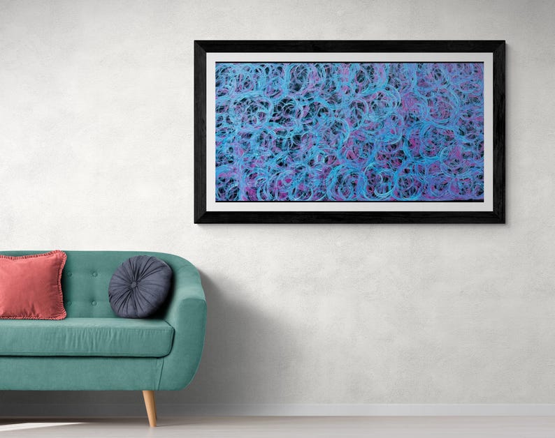May include: Abstract art print with a black frame. The print features a swirling pattern of blue and purple lines.