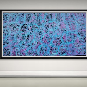 May include: Abstract art print featuring a blue and purple swirling pattern. The print is framed in a black frame.