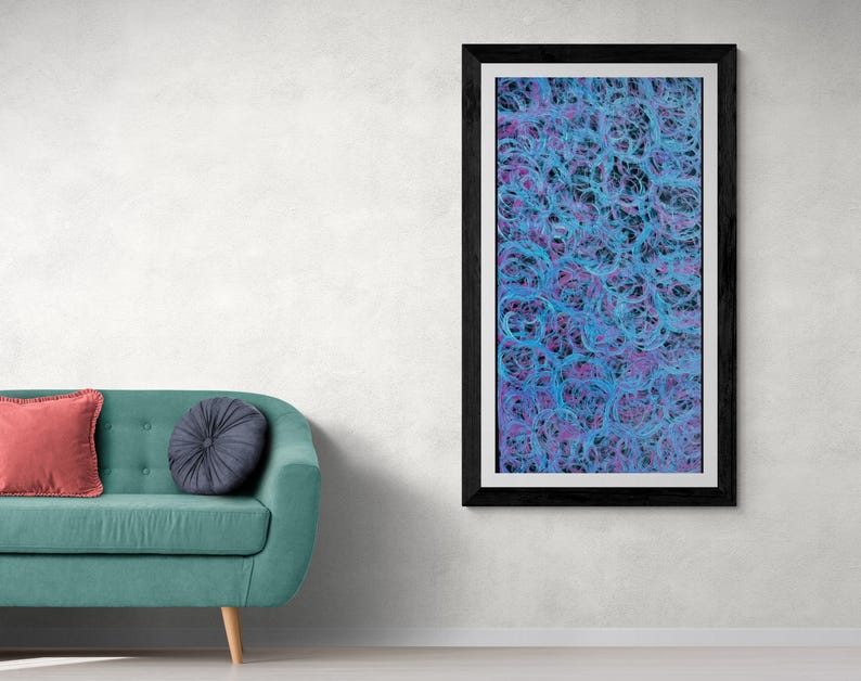 May include: Abstract art print in a black frame with a blue and purple swirling pattern.