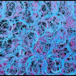 May include: Abstract art print featuring a swirling pattern of blue and pink lines on a black background.