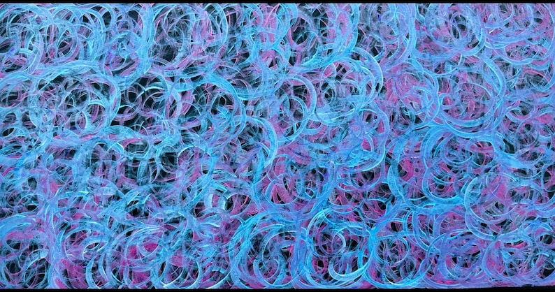 May include: Abstract art print featuring a swirling pattern of blue and pink lines on a black background.