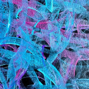 May include: Abstract painting with a black background and overlapping strokes of blue and pink paint.