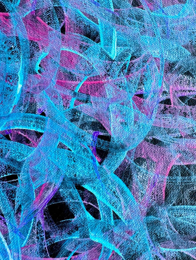 May include: Abstract painting with a black background and overlapping strokes of blue and pink paint.