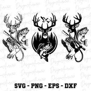 Puede incluir: Gráficos vectoriales en blanco y negro con ciervos, peces, patos y cañas de pescar. Los diseños incluyen una cabeza de ciervo con cuernos, un pez, un pato y una caña de pescar. El texto "SVG - PNG - EPS - DXX" está en la parte inferior.