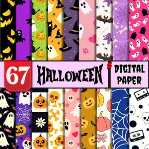 May include: A collection of 67 Halloween digital paper designs. The patterns include ghosts, pumpkins, bats, witch hats, and spiderwebs in various colors like black, orange, purple, and pink. The words "Halloween Digital Paper" are displayed.