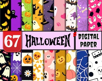 67 Cute Halloween Digital Papers, Pink Backgrounds, Spooky Ghost Pumpkin Seamless Pattern, Orange bat Scrapbook paper, Instant download file