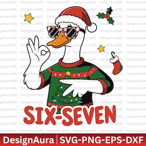 Op de afbeelding: Een cartoon gans met een kerstmuts, zonnebril en een kersttrui met een boomontwerp. De gans maakt een "oké" handgebaar. De tekst "SIX-SEVEN" staat onder de gans.