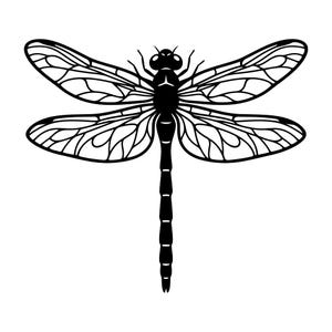 May include: A black and white illustration of a dragonfly. The dragonfly has detailed wings with a network of veins, a segmented body, and large eyes. The insect is depicted in a symmetrical pose against a white background.