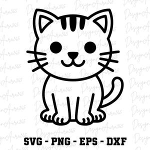May include: A black and white cartoon cat illustration. The cat has large round eyes, whiskers, and a striped head. The image includes the text "SVG - PNG - EPS - DXF".