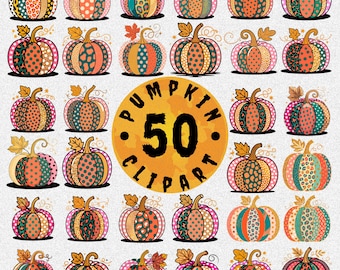 50 Set Fall Halloween Pumpkins Clipart PNG, Digital Download, Autumn Watercolor Thanksgiving Art Halloween Rustic Sublimation Cute Fall