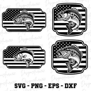 Op de afbeelding: Zwart-wit illustraties van largemouth bass vissen op een achtergrond van de Amerikaanse vlag. De vissen worden afgebeeld met open monden. De tekst "SVG - PNG - EPS - DXF" is inbegrepen.