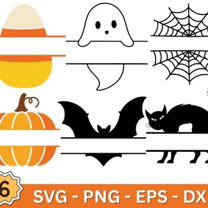 May include: A collection of Halloween-themed SVG, PNG, EPS, and DXF files. The designs include a candy corn, a ghost, spiderwebs, a pumpkin, a bat, and a black cat. The number 6 is in a yellow starburst. The text "SVG - PNG - EPS - DXF" is in orange.