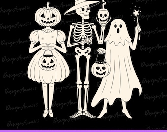 Halloween PNG, Skeleton Ghost Pumpkin Png, Spooky Squad PNG, Witchy Fall Shirt Design, Retro Halloween Sublimation PNG Download
