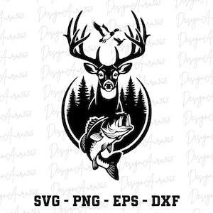Puede incluir: Gráfico en blanco y negro que presenta un ciervo con cuernos, patos, un pez y un bosque. El texto "SVG - PNG - EPS - DXF" está en la parte inferior. Adecuado para temas de exteriores y caza.