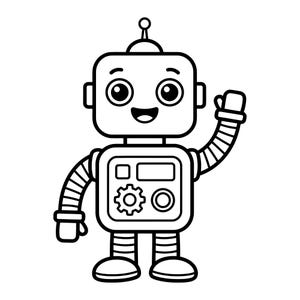 Puede incluir: Ilustración en blanco y negro de un robot amigable. El robot tiene una cabeza cuadrada con ojos grandes, una boca sonriente y una pequeña antena. Su cuerpo presenta un engranaje y detalles circulares. Un brazo está levantado en señal de saludo.