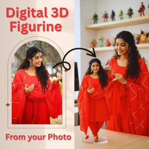 Könnte beinhalten: Eine digitale 3D-Figur einer Frau in roter Kleidung, erstellt aus einem Foto. Die Figur steht auf einer transparenten, kreisförmigen Basis. Das Bild zeigt auch die Frau in roter Kleidung, mit dem Text "Digital 3D Figurine" und "From your Photo".