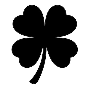 May include: A solid black silhouette of a four-leaf clover. The graphic features four rounded, heart-shaped leaves arranged symmetrically around a central point, with a single, slender, curved stem extending downwards from the base of the clover.