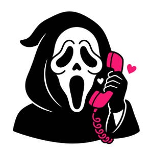 Op de afbeelding: Een grafische illustratie van een figuur in een zwarte kapmantel en een wit spookmasker met een lange, open mond. Het figuur houdt een felroze telefoonhoorn aan het oor, vergezeld door een klein roze hartje en een wit hartje.