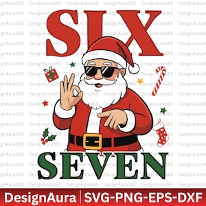 Puede incluir: Ilustración de dibujos animados de Papá Noel con gafas de sol, un traje rojo y un gorro. La palabra "SIX" está encima de Papá Noel, y la palabra "SEVEN" está debajo. Varios iconos con temática navideña rodean a Papá Noel.