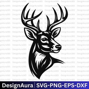 May include: Black and white graphic of a deer head with large antlers. The design is a silhouette style, with clean lines and a focus on the animal's features. The text "DesignAura | SVG-PNG-EPS-DXF" is at the bottom.