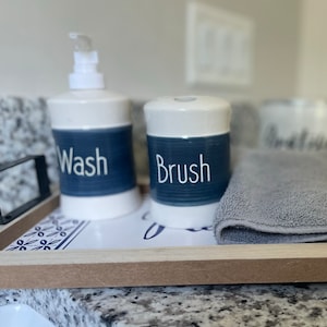 Navy farm house wash/brush bathroom decor