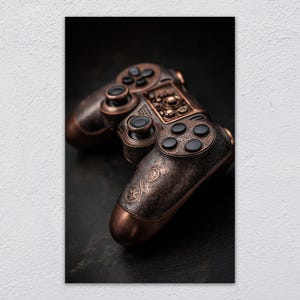 May include: A steampunk-style video game controller in shades of brown and copper. The controller features intricate detailing, including buttons, joysticks, and decorative patterns. The design evokes a vintage aesthetic, with a focus on mechanical elements and a textured finish.