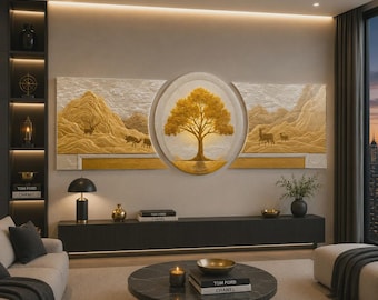 Quadro de parede personalizado em vidro, composto por três peças, representando a paisagem da Golden Tree.
