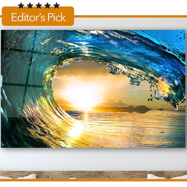 Glass Wall Art -  Ocean Wave Falling Down at Sunset Time - Housewarming Gift - Interior Design Ideas - Home & Office Decoration