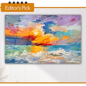 Glass Wall Art - Oil Painting Of The Sea - Housewarming Gift - Interior Design Ideas - Home & Office Decoration - Sunset Abstract Painting