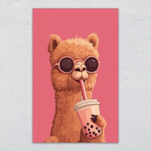 Arte mural divertido de té de burbujas de alpaca, impresión de vidrio rosa con dibujos animados, adorable decoración de boba, panel de llama pop, vidrio templado AVIOR