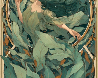 Forest Spirit Glass Wall Art, Art Nouveau Nature Goddess Print, Botanical Fantasy Woman Panel, Elegant Green Decor, AVIOR Tempered Glass