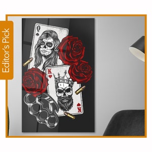 Gangsta Concept With Play Card, Roses and Knuckles - Glass Wall Art - Prezent na parapetówkę - Pomysły na wystrój wnętrz - Dom i biuro