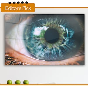 Puede incluir: Primer plano de un ojo humano con un iris azul y verde llamativo. La imagen es una macro, que muestra los intrincados detalles de la textura del ojo y la piel circundante. La obra de arte está enmarcada con un borde naranja y contiene el texto "Editor's Pick".