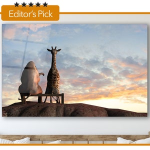 Elephant and Giraffe Sit on a Bench at Sunset - Glass Wall Art - Housewarming Gift - Interior Design Ideas - Home & Office Decoration