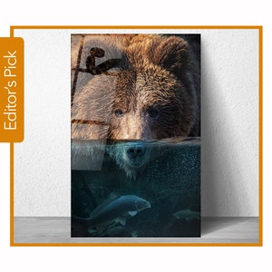 Bear Half in the Water With Fish and Bubbles Surreal Concept - Glass Wall Art - House Warming Gift - Interior Design Ideas - Home & Office