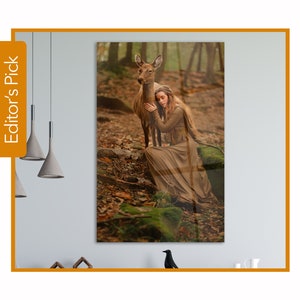 Redhead Girl in the Forest with Deer Vertical - Glass Wall Art - Housewarming Gift - Interior Design Ideas - Home & Office Decoration