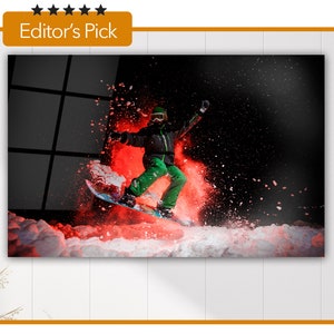 Snowboarder Jumping Under the Snow in the Night - Glass Wall Art - Housewarming Gift - Interior Design Ideas- Home & Office Decoration
