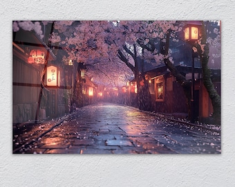 Japanese Sakura Street Glass Art, Kyoto Lantern Rain Print, Cherry Blossom Wall Decor, Zen Japan Nature Panel, AVIOR Tempered Glass